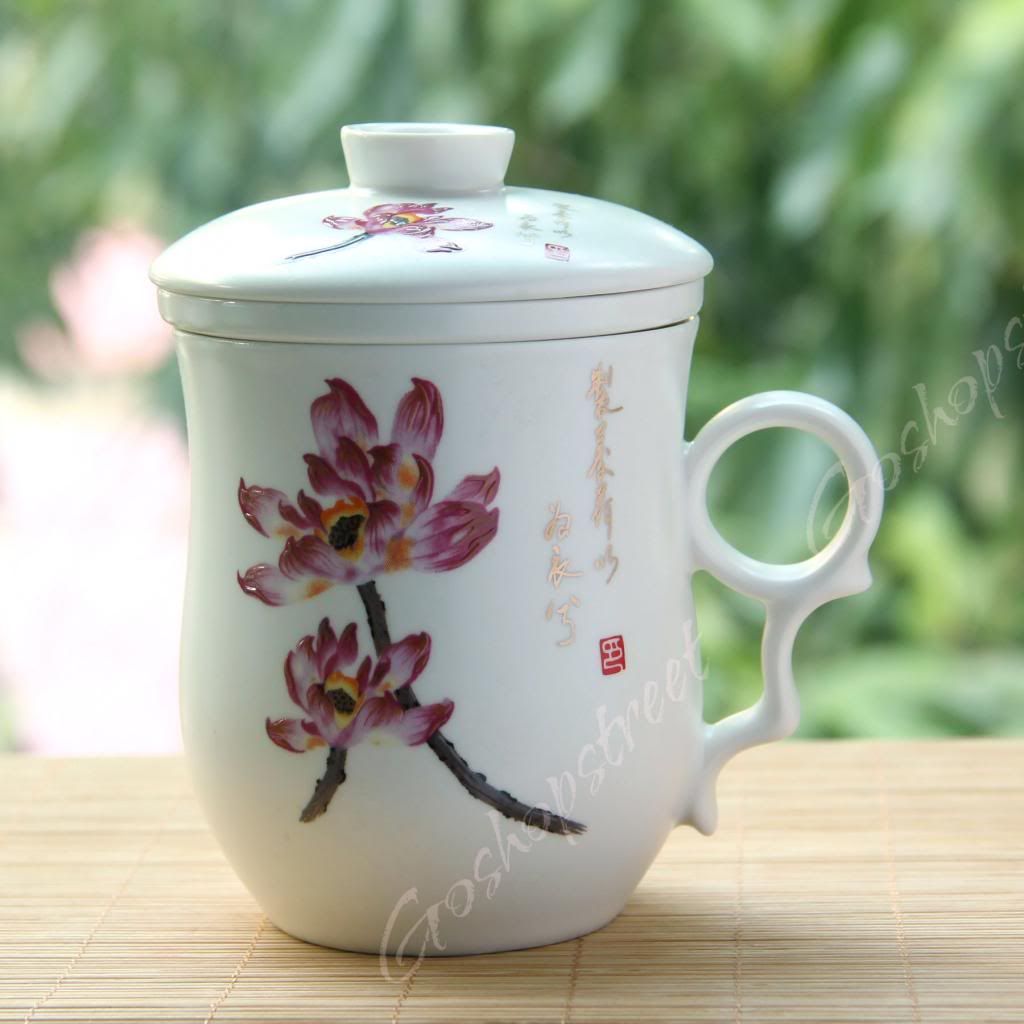 Lotus Ceramic Chinese Porcelain Tea Mug Cup with lid & Infuser Filter